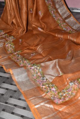 Pure linen sarees with embroidary with blouse (6)