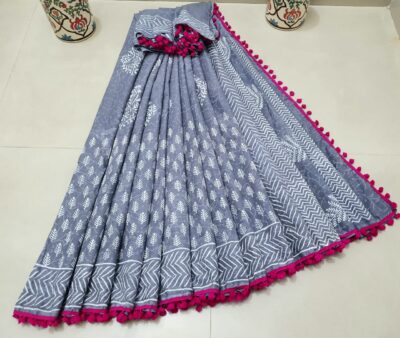 Pure Cotton Sarees With Pompom Lace (22)