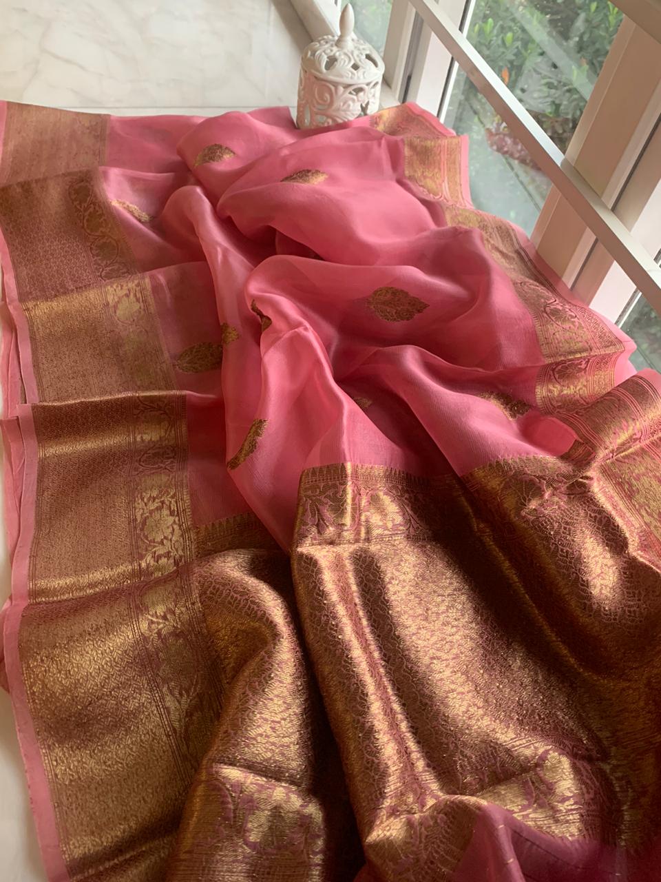 Shop Yellow Kora Banarasi Saree Online in USA with Pink Border – Pure  Elegance
