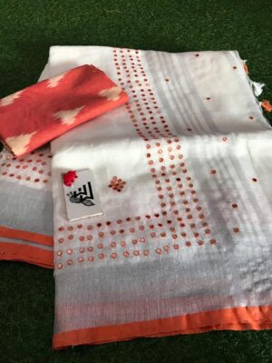 Pure Linen Sarees With Mirror Work (11)
