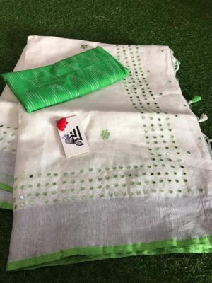 Pure Linen Sarees With Mirror Work (13)