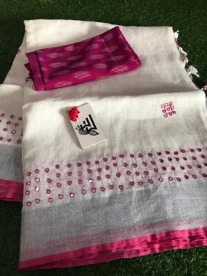 Pure Linen Sarees With Mirror Work (3)