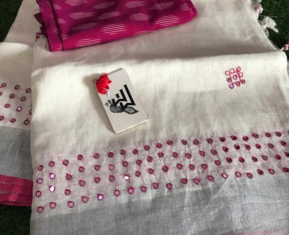 Pure Linen Sarees With Mirror Work (3)