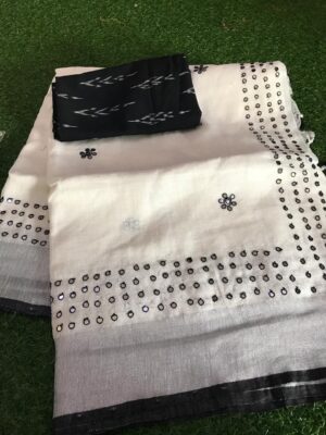 Pure Linen Sarees With Mirror Work (7)