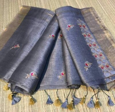 Pure Silk Linen Embroidary Sarees (3)