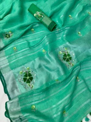 Exclusive Linen Sarees With Sequence And Beeded Work (16)