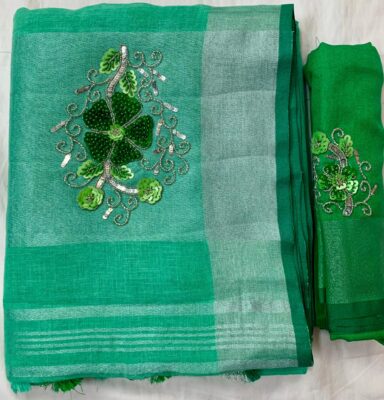 Exclusive Linen Sarees With Sequence And Beeded Work (31)