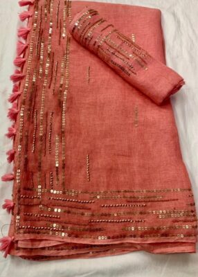 Exclusive Linen Sarees With Sequence And Beeded Work (6)