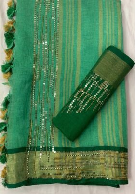 Exclusive Linen Sarees With Sequence And Beeded Work (9)
