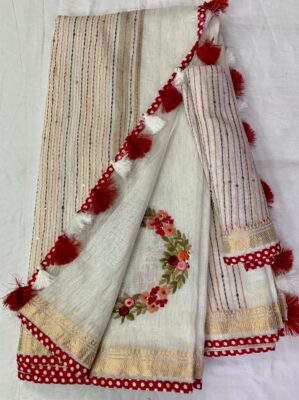 Latest Silk Linen Embroidary Sarees (11)