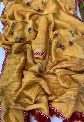 Latest Silk Linen Embroidary Sarees (13)