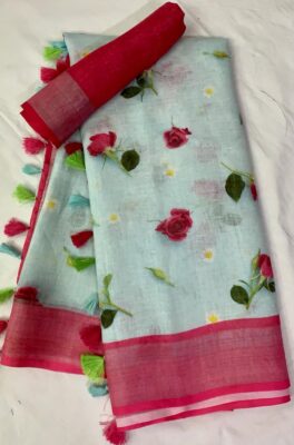 Pure Linen Printed Sarees With Blouse (3)