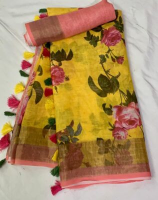 Pure Linen Printed Sarees With Blouse (4)
