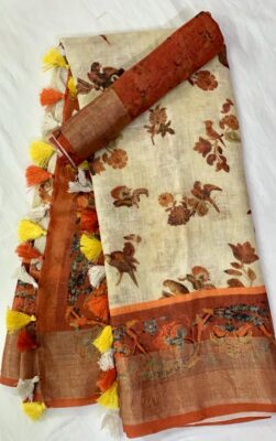 Pure Linen Printed Sarees With Blouse (6)