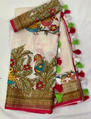 Pure Linen Printed Sarees With Blouse (8)