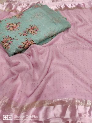 Pure Chiffon Designer Sarees With Floral Blouse (5)