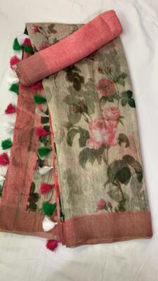 Pure Printed Silk Linen Sarees With Blouse (1)