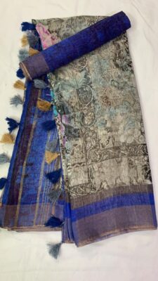 Pure Printed Silk Linen Sarees With Blouse (11)