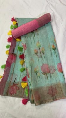 Pure Printed Silk Linen Sarees With Blouse (13)