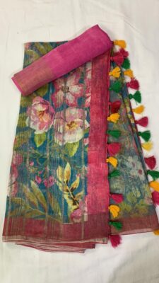 Pure Printed Silk Linen Sarees With Blouse (15)