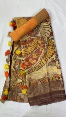 Pure Printed Silk Linen Sarees With Blouse (20)