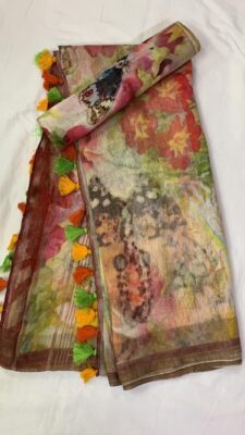 Pure Printed Silk Linen Sarees With Blouse (21)