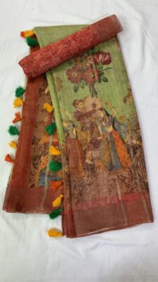 Pure Printed Silk Linen Sarees With Blouse (22)