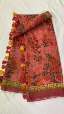 Pure Printed Silk Linen Sarees With Blouse (25)