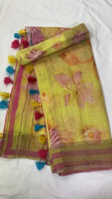 Pure Printed Silk Linen Sarees With Blouse (3)
