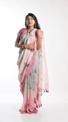Pure Printed Silk Linen Sarees With Blouse (32)