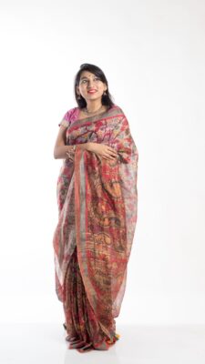 Pure Printed Silk Linen Sarees With Blouse (33)