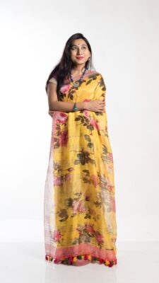 Pure Printed Silk Linen Sarees With Blouse (34)