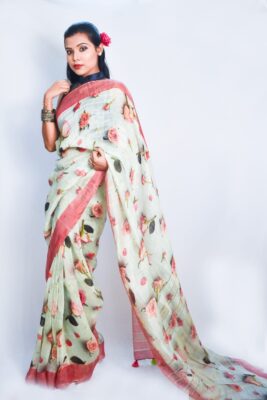 Pure Printed Silk Linen Sarees With Blouse (35)