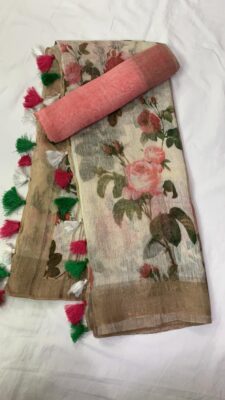 Pure Printed Silk Linen Sarees With Blouse (5)