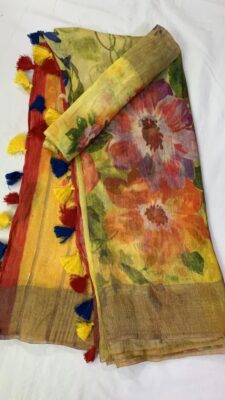 Pure Printed Silk Linen Sarees With Blouse (8)