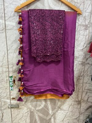 Pure Chinnon Plain Sarees With Blouse (65)