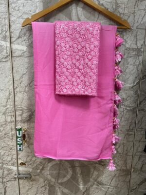Pure Chinnon Plain Sarees With Blouse (73)