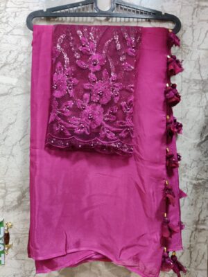 Pure Chinnon Plain Sarees With Blouse (75)