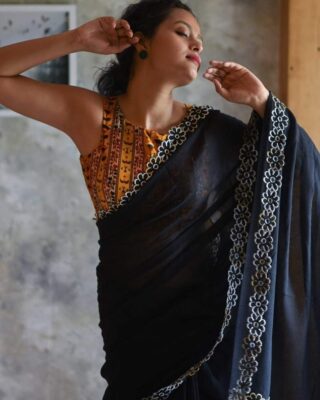 Latest Cutwork Linen Sarees With Blouse (5)