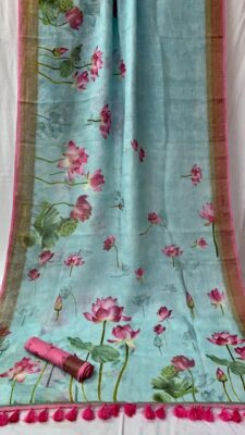 Pure Printed Linen Sarees With Blouse (1)