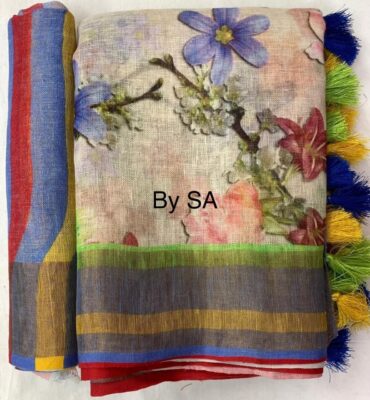 Pure Printed Linen Sarees With Blouse (11)