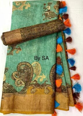 Pure Printed Linen Sarees With Blouse (12)