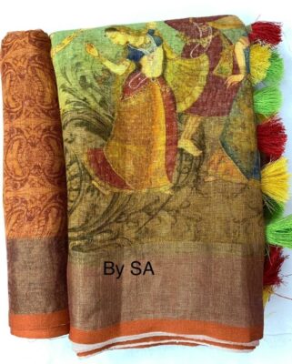 Pure Printed Linen Sarees With Blouse (14)