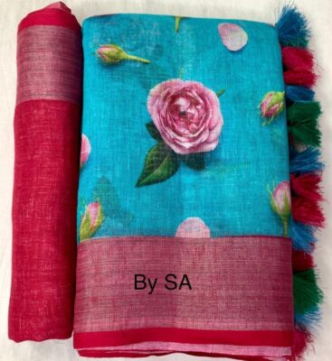 Pure Printed Linen Sarees With Blouse (18)