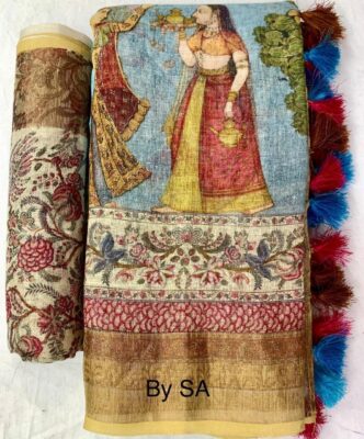 Pure Printed Linen Sarees With Blouse (24)