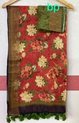 Pure Printed Linen Sarees With Blouse (47)