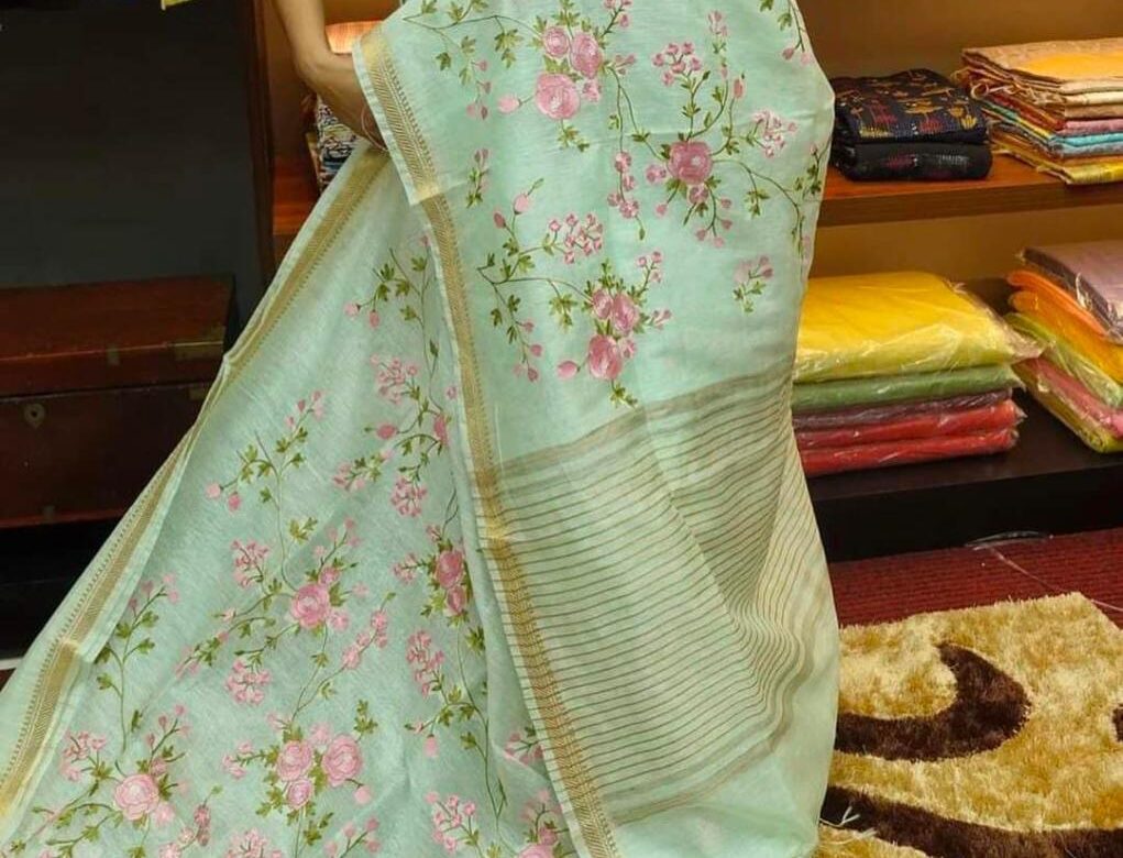 Beautiful Silk Linen Emnroided Sarees (1)