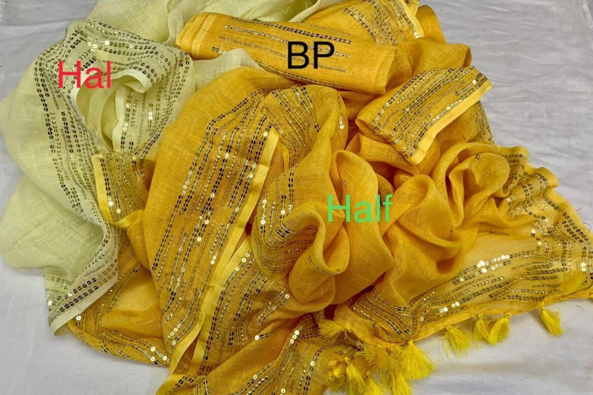 Pure Linen Hand Shaded Sequence Work Sarees (6)