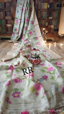 Pure Silk Linen Floral Sarees With Blouse (2)