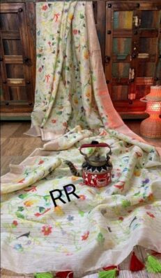Pure Silk Linen Floral Sarees With Blouse 32 (21)